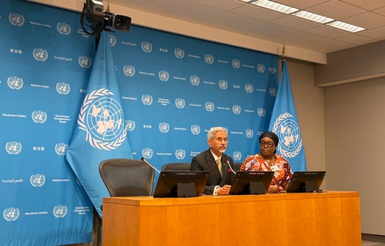 Indian External Affairs Minister S. Jaishankar delivering his press remarks at the UN press briefing room soon after launching the initiative on September 25, 2026, at the United Nations in New York. PHOTO: T. Vishnudatta Jayaraman, SAH