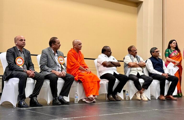 From left, AKKA President Madhu Rangaiah, Chairman Amarnath Gowda, His Holiness Sri Sri Nirmalanandanatha Mahaswamigalu, India’s Minister of Steel and Heavy Industries H.D. Kumaraswamy, India's former MP D. Kupendra Reddy, and Deputy Consul General in New York Vishal Harsh during the AKKA Business Forum 2026, on September 6, at the Pennsylvania Convention Center in Philadelphia. PHOTO: T. Vishnudatta Jayaraman, SAH