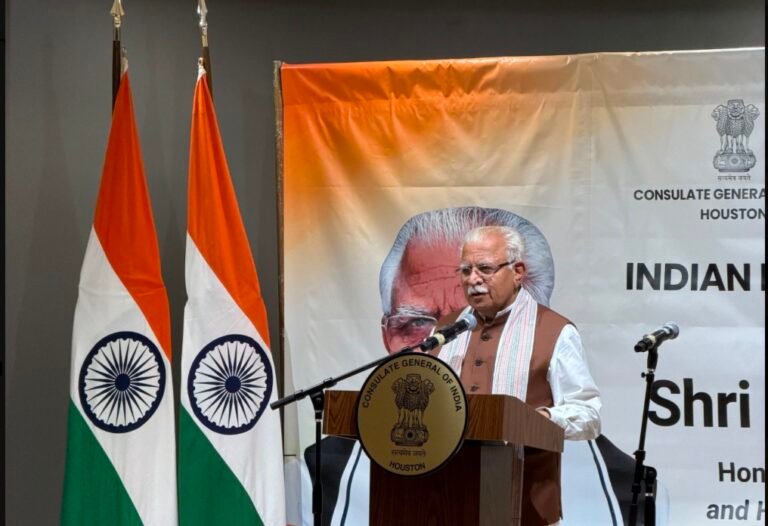 India’s Minister of Power and Housing and Urban Affairs, Manohar Lal, during the community reception on September 13, 2026, at India House in Houston, Texas. PHOTO: X@cgihou