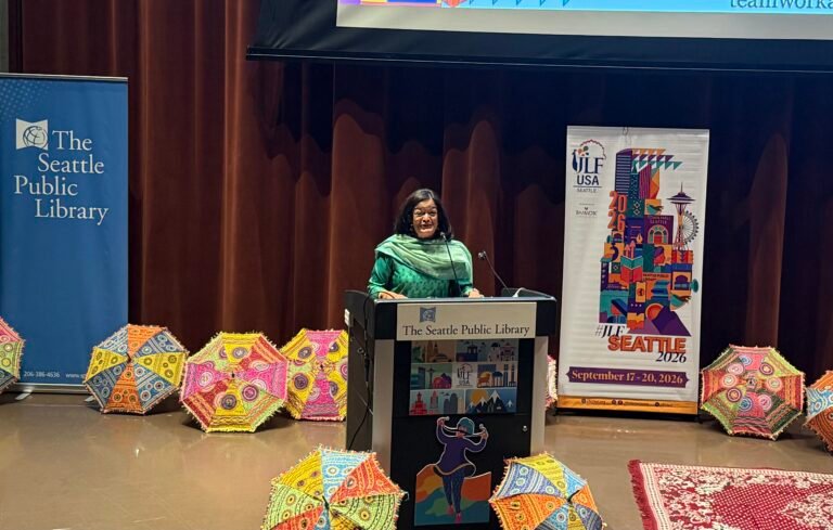 Congresswoman Pramila Jayapal speaking at the opening of JLF 2026 on September 18, at the Seattle Public Library. PHOTO: T. Vishnudatta Jayaraman, SAH