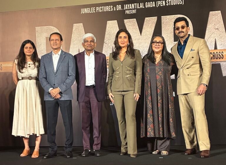 Amrita Pandey, Vineet Jain, Dr. Jayantilal Gada, Kareena Kapoor Khan, Meghna Gulzar and Prithviraj Sukumaran at the trailer launch of Daayra. PHOTO: Rajiv Vijayakar