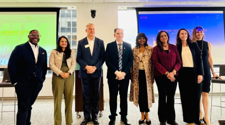 L-R: John Harper, Bhavini Patel, Peter Thurlow, Dilip Chauhan, Stuti Jalan, Sarika Naik, Dr Stacey Schultz, and Yvonne Beri at #WINLounge, during Climate Week New York alongside UNGA 81 in New York. All PHOTOS: WIN