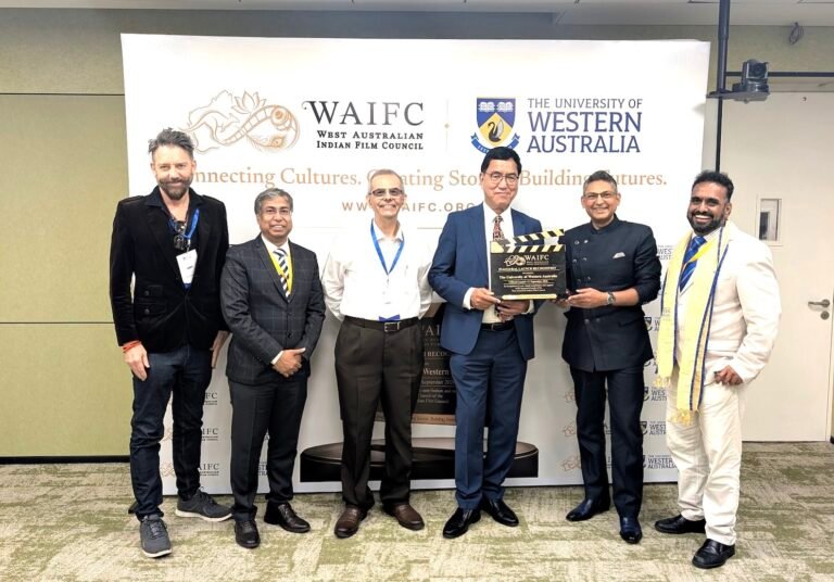 From left: Christopher R. Watson, film director, Inter-Weaver Productions, David Das, Chief Operating Officer of UWA India, Jamshed Keki Mistry, Advocate, Supreme Court of India, Prof. Amit Chakma, Vice Chancellor of the University of Western Australia, Nilesh Makwana, Founder and Chair of the West Australian Indian Film Council, and Prof. Rajaraman Eri, Pro Vice Chancellor of University of Western Australia India, at UWA Mumbai, September 18, 2026. PHOTO: Pooja Bhardwaj, SAH