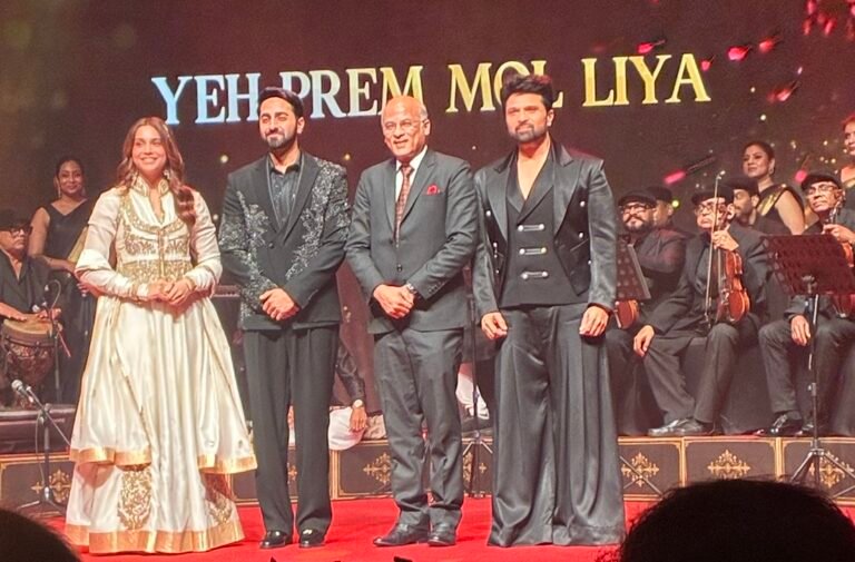 Sharvari, Ayushmann Khurrana, Sooraj R. Barjatya and Himesh Reshammiya at the musical evening of Yeh Prem Mol Liya. PHOTO: Rajiv Vijayakar, SAH
