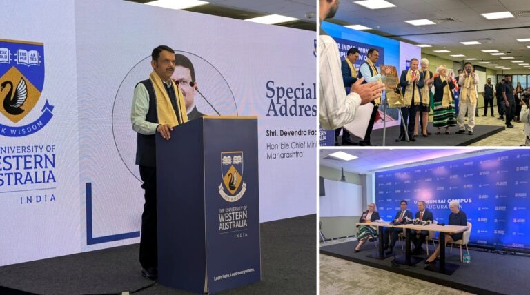 Chief Minister Devendra Fadnavis delivers his special address at the launch of the University of Western Australia's Mumbai campus; Vice Chancellor Prof. Amit Chakma, Fadnavis, Premier Roger Cook, Chancellor Diane Smith-Gander, Deputy Vice Chancellor Prof. Jennifer Howell and Prof. Rajaraman Eri unveil the plaque marking the campus's inauguration; Howell, Chakma, Cook and Smith-Gander at the press conference. Mumbai, September 18, 2026. PHOTOS: Pooja Bhardwaj, SAH