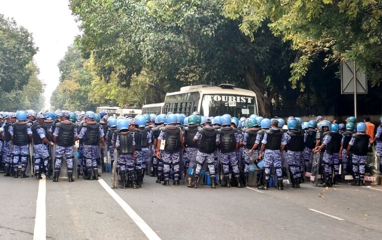 Heavy police deployment  at Mandi House ahead of the protest, in New Delhi on October 10, 2026. UNI PHOTO: RANJAN DIMRI