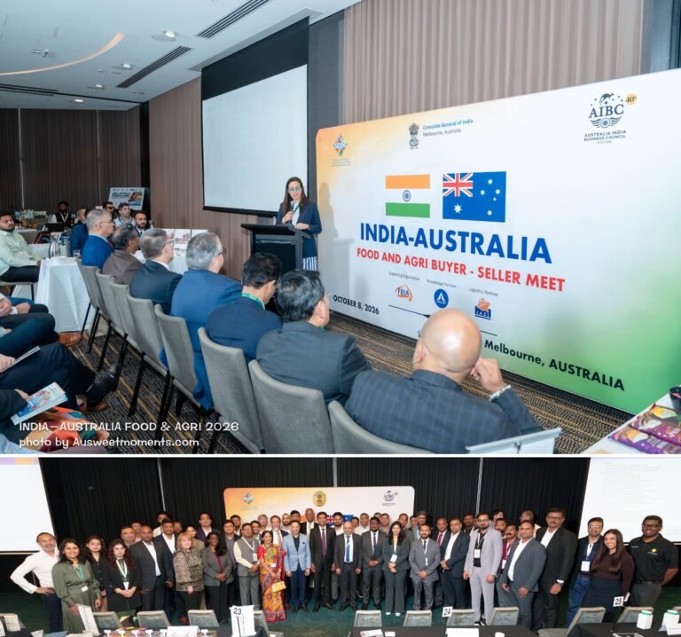 Delegates, officials and Australian industry representatives at the India-Australia Food and Agri Buyer-Seller Meets at Pan Pacific Melbourne on October 8, 2026 (top) and PARKROYAL Darling Harbor, Sydney, on October 6, 2026 (bottom). PHOTOS: Courtesy of VC Next Gen