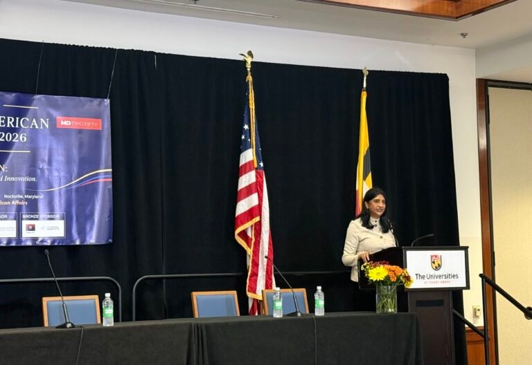 Lieutenant Governor of Maryland, Aruna Miller addressing the gathering on October 10, 2026, at the Universities of Shady Grove, Rockville, Maryland. PHOTO: T. Vishnudatta Jayaraman, SAH