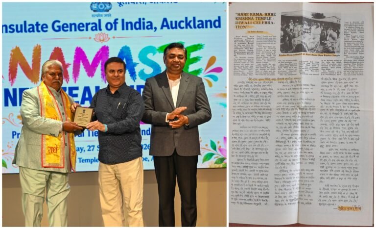 Rohit Kumar Happy, founding editor of Bharat Darshan, receiving a Hindi Diwas 2026 award from the Consulate General of India, Auckland, at Namaste New Zealand 2026 in Auckland, New Zealand (left), and his 1992 report on Diwali celebrations at the Hare Rama Hare Krishna Temple in Auckland, printed in English in The Indian Times with his handwritten Hindi version below, written by hand because the printer had no Hindi fonts (right). PHOTOS: Rohit Kumar, Founding Editor, Bharat Darshan