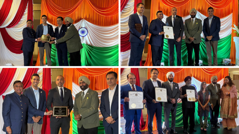 Clockwise, Congressman Suhas Subramanyam, Anil Sharma of 22nd Century Technologies, representatives of Sikhs of America, NCAIA, Global Haryana, and Maryland's Secretary of General Services Atif Chaudhry being recognized with awards and Maryland Governor’s citations on October 10, 2026, in Rockville, Maryland. PHOTOS: T. Vishnudatta Jayaraman, SAH