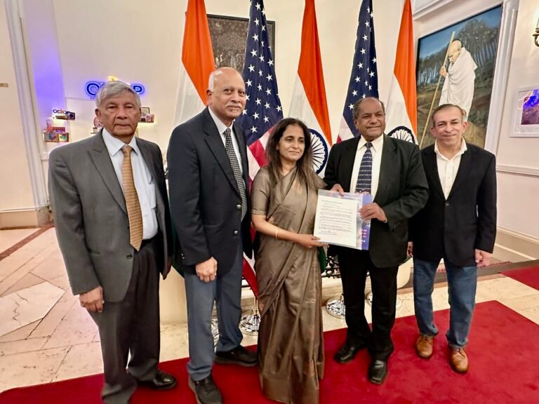 GOPIO’s delegation headed by Thomas Abraham presenting the recommendations to Secretary (CPV & OIA) Ambassador Sripriya Ranganathan at the Consulate General of India in New York on September 26, 2026. PHOTO: GOPIO