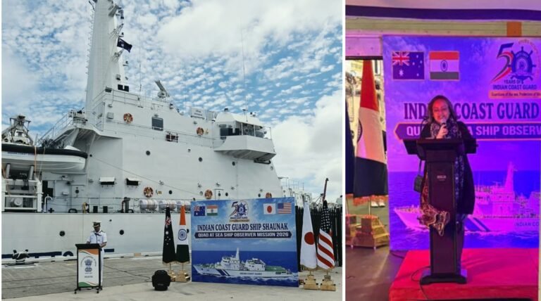 Indian Coast Guard Ship Shaunak at Fremantle Port during the Quad-at-Sea Ship Observer Mission 2026 (left); Consul General of India in Perth Kajari Biswas addresses guests at a reception aboard the ship on October 8, 2026 (right) PHOTO COLLAGE: Pooja Bhardwaj, SAH