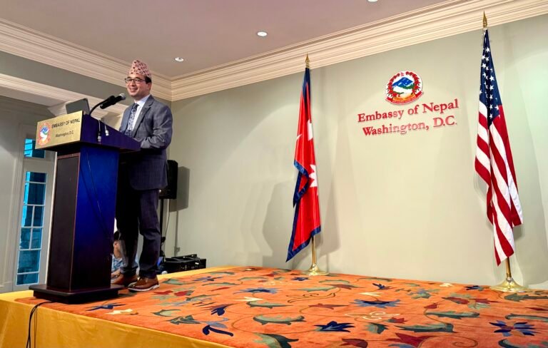 Chargé d’Affaires at the Embassy of Nepal, Sharad Raj Aran, addressing the gathering on October 2, 2026, at the residence of Nepal’s Ambassador to the United States in Washington, D.C. PHOTO: T. Vishnudatta Jayaraman, SAH