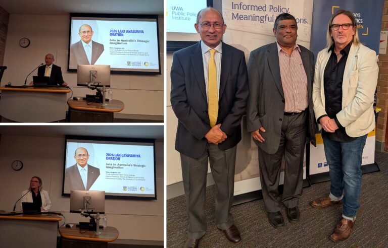Associate Professor Paul Maginn, Director of the UWA Public Policy Institute, introduces Peter Varghese AO for the 2026 Laki Jayasuriya Oration, and Varghese, Prof. Kanishka Jayasuriya and Maginn (from left) at the Fox Lecture Theater, UWA, in Perth on October 14, 2026. PHOTOS: Pooja Bhardwaj, SAH