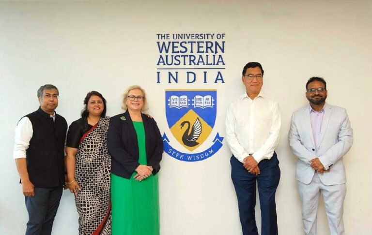 From left: David Das, Chief Operating Officer, UWA India; Nashid Chowdhury, Director, Global Growth and Advocacy, UWA; Jennifer Howell, Deputy Vice Chancellor, Global Engagement, UWA; Vice-Chancellor Prof. Amit Chakma; and Prof. Rajaraman Eri, Pro Vice Chancellor, UWA India, at the University of Western Australia's Chennai campus, October 2, 2026. PHOTO: Nashid Chowdhury