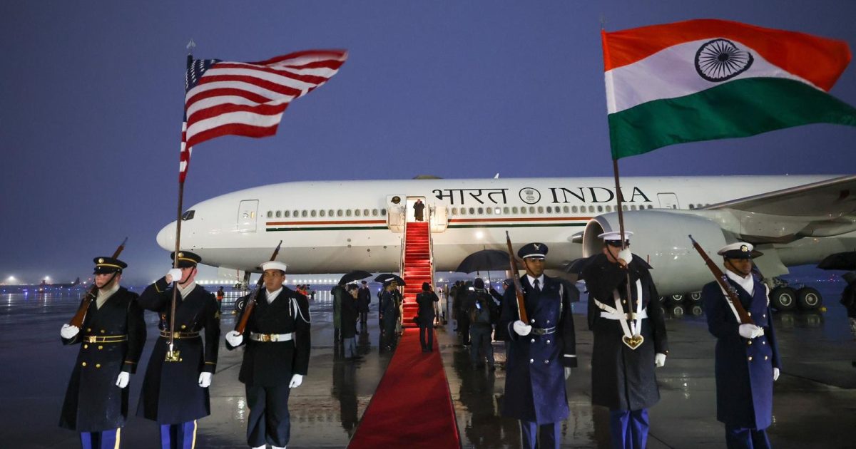 Prime Minister Narendra Modi lands at the Joint Base Andrews on February 12, 2025, in Maryland. PHOTO: X@narendramodi